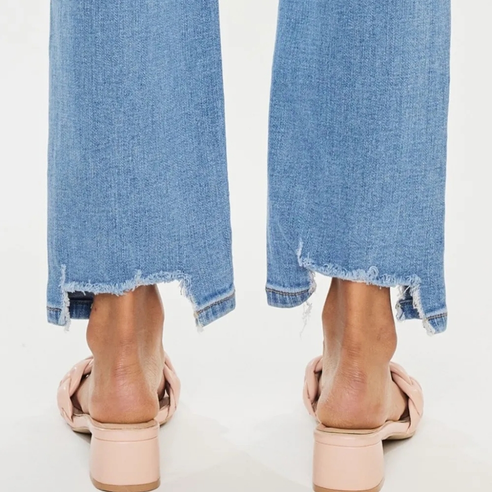 KanCan High-Rise Waist Distressed Raw Hem Wide Straight Leg Mom Denim Jean Pants - Picture 8 of 14